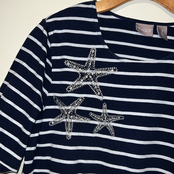 Women’s Chico’s size 2 nautical Starfish sparkle graphic striped tee shirt top L - Picture 2 of 5